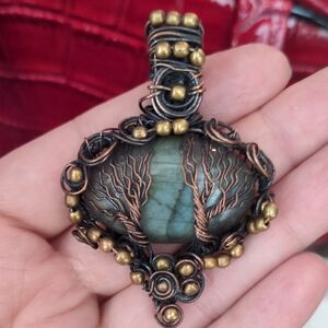 Handcrafted Wire Wrapped Pendant with Labradorite and Brass Accents